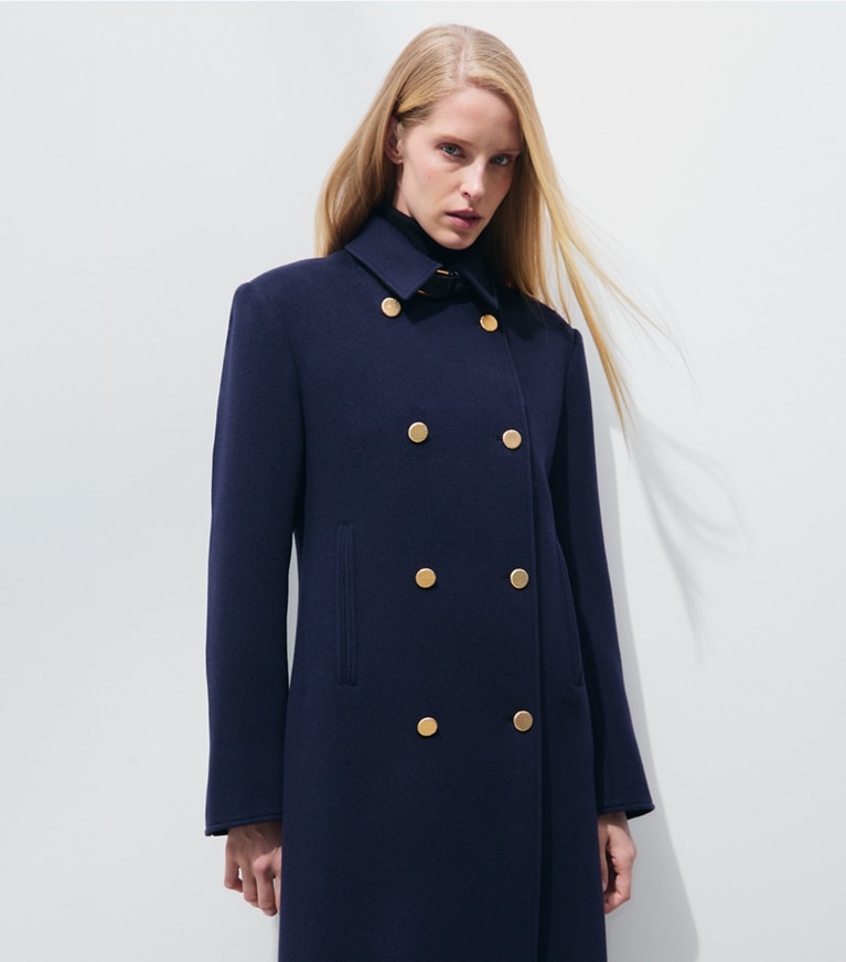Tory Burch designer manteaux Caban long en laine structuré dans Medium Navy détail sur modèle