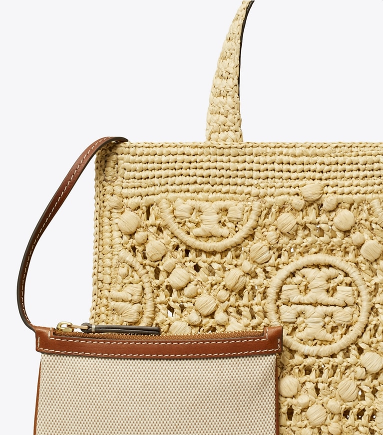 Tory Burch designer sac à main Cabas à poignée supérieure T Monogram en raphia in Natural angle