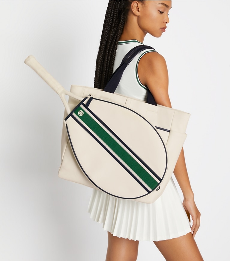 Tory Sport designer cabas Cabas de tennis convertible à rayures in Ivory Pearl / Evergreen angle