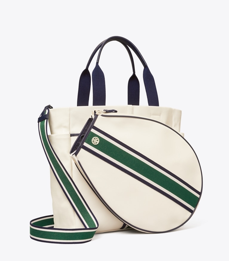 Tory Sport designer cabas Cabas de tennis convertible à rayures in Ivory Pearl / Evergreen angle