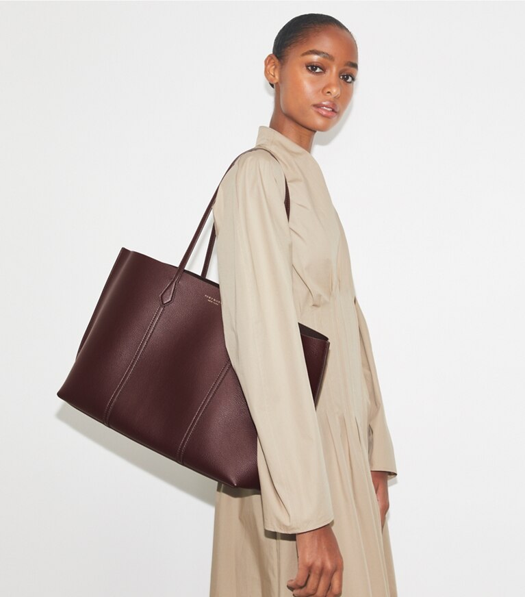 Tory Burch designer cabas Cabas Perry in Dark Carmine accessory on model