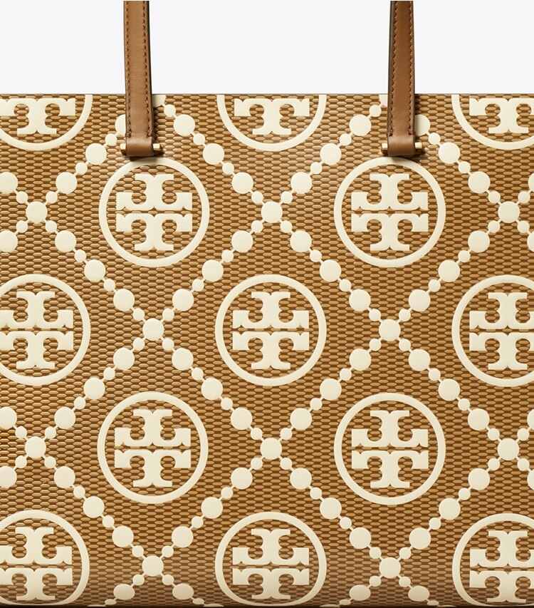 Tory Burch designer cabas Cabas T Monogram contrasté et embossé dans Rich Walnut détails
