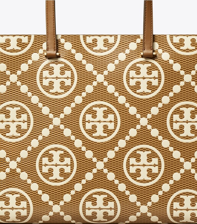 Tory Burch designer cabas Cabas T Monogram contrasté et embossé dans Rich Walnut détails