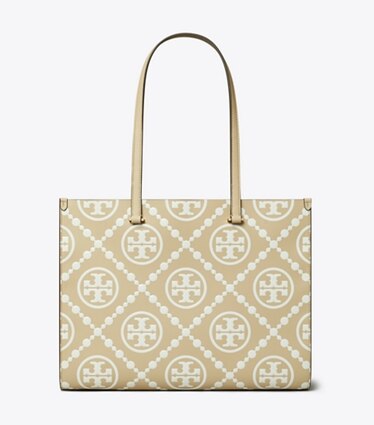 Tory Burch designer cabas Cabas T Monogram en cuir embossé contrastant in Beige front
