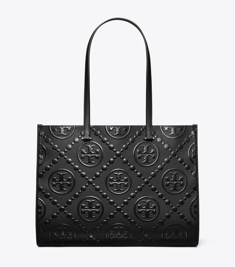 Tory Burch designer cabas Cabas T Monogram gaufré dans Black/Black de face