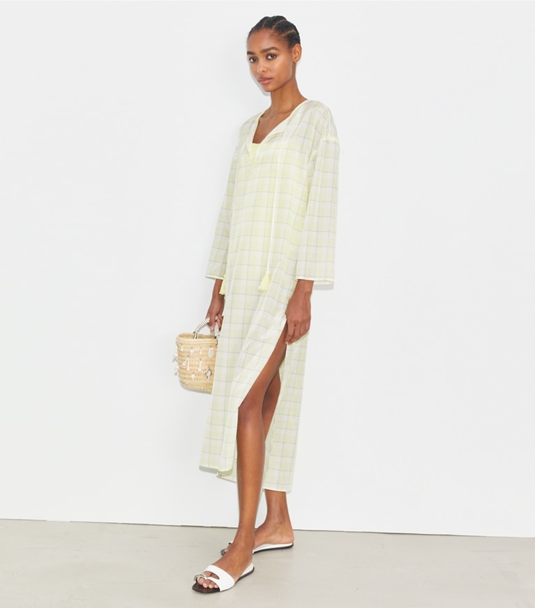 Tory Burch diseñador pareos Caftán de algodón a cuadros en LUMEN PLAID adicional en modelo