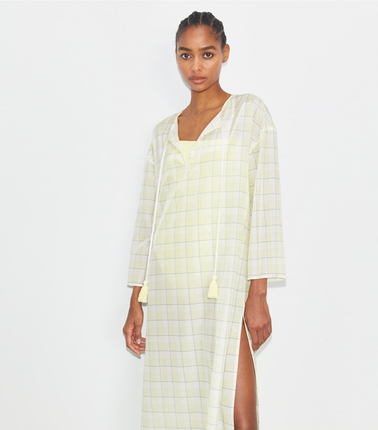 Tory Burch diseñador pareos Caftán de algodón a cuadros en LUMEN PLAID detalle en modelo