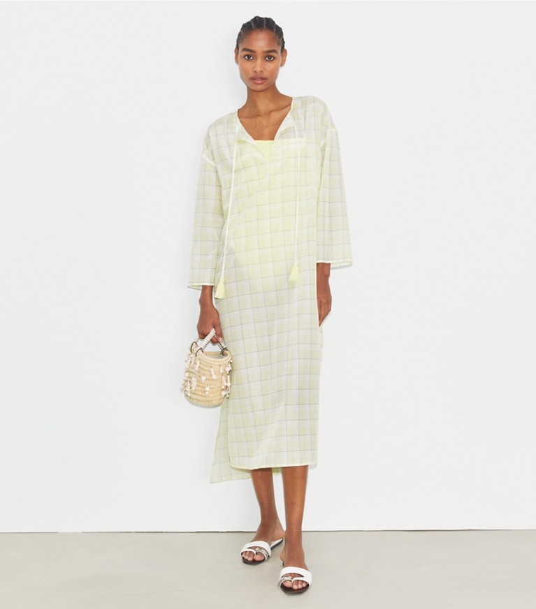 Tory Burch diseñador pareos Caftán de algodón a cuadros en LUMEN PLAID frente en modelo