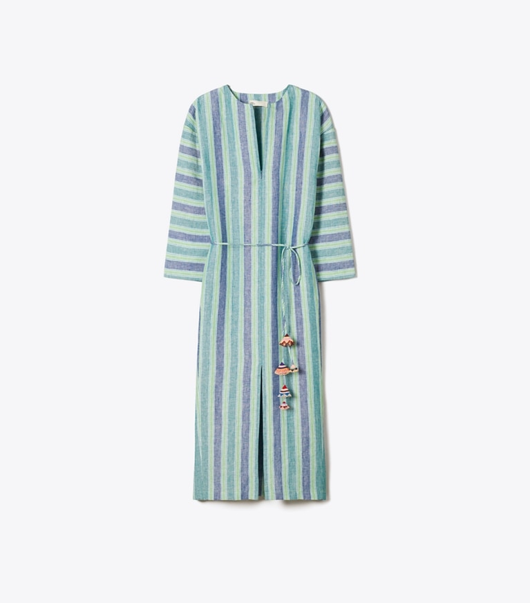 Tory Burch diseñador ropa de playa Caftán de lino a rayas en Blue / Green Summer Stripe frente