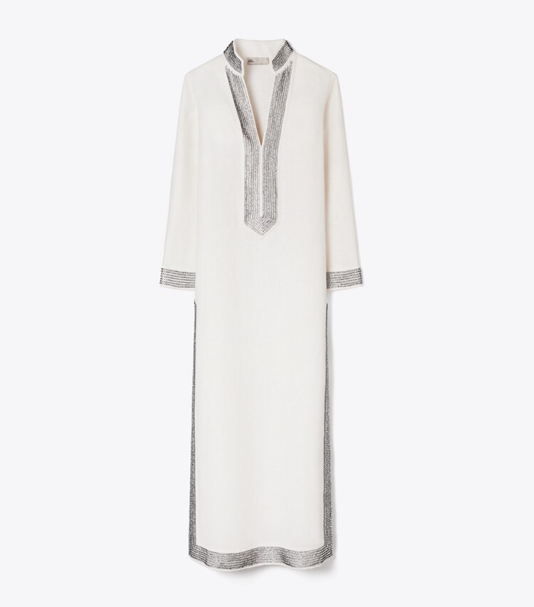 Tory Burch diseñador vestidos Caftán de lino con adornos en New Ivory frente
