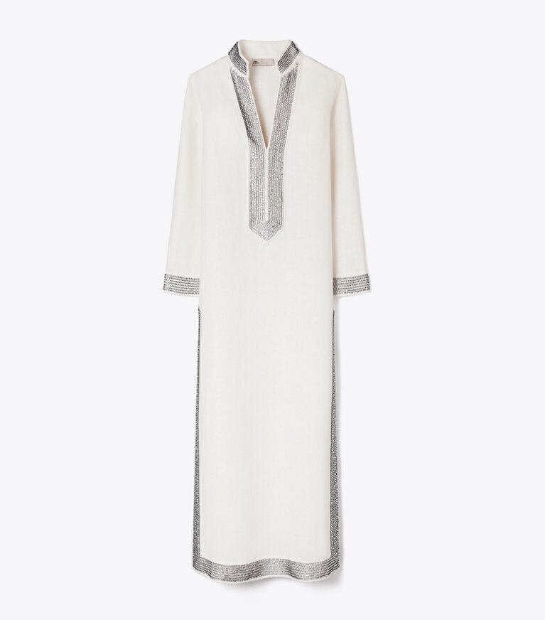 Tory Burch diseñador vestidos Caftán de lino con adornos en New Ivory frente