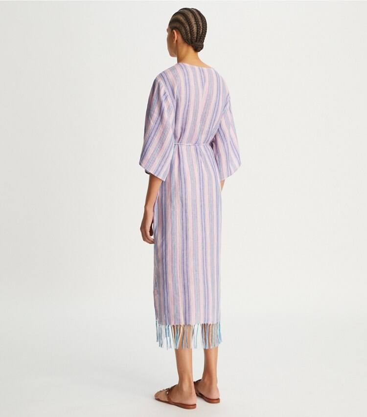 Tory Burch diseñador ropa de playa Caftán de rayas en PURPLE STRIPE en el modelo (espalda)