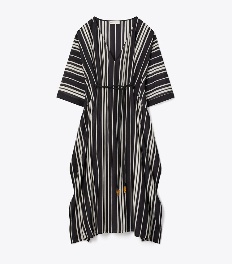 Tory Burch diseñador ropa de playa Caftán de seda a rayas con cinturón en Black Stripe frente