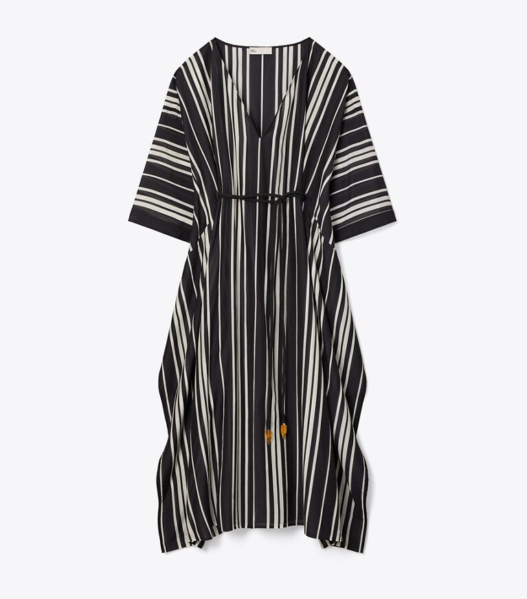 Tory Burch diseñador ropa de playa Caftán de seda a rayas con cinturón en Black Stripe frente