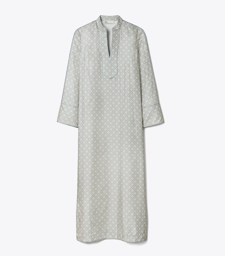 Tory Burch diseñador vestidos Caftán de seda estampado con monograma de T en Gray T Monogram Mini frontal