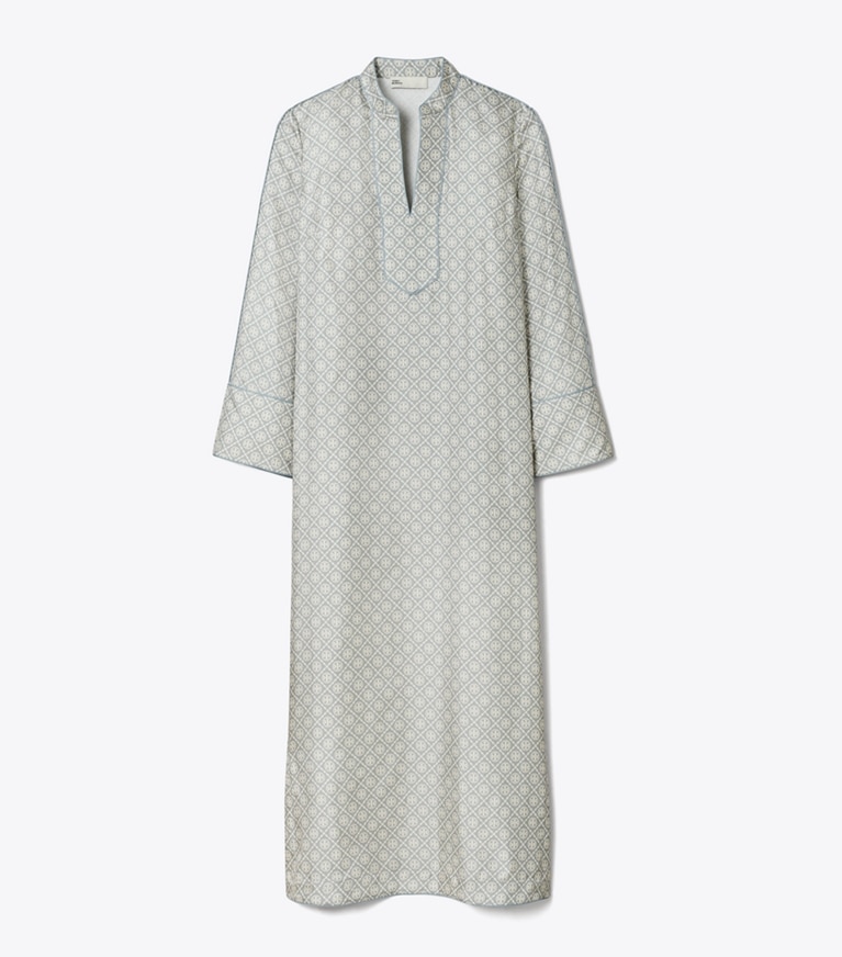 Tory Burch diseñador vestidos Caftán de seda estampado con monograma de T en Gray T Monogram Mini frontal