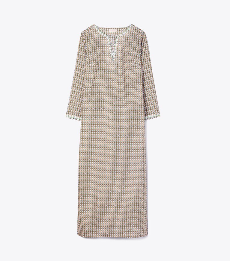 Tory Burch diseñador ropa de playa Caftán playero con adornos en CRISP BLUE BASKETWEAVE frontal