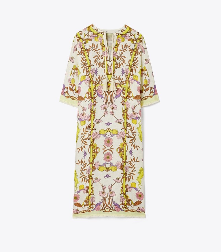 Tory Burch designer robes Caftan en gaze de lin imprimé dans Chartreuse Field Convo de face