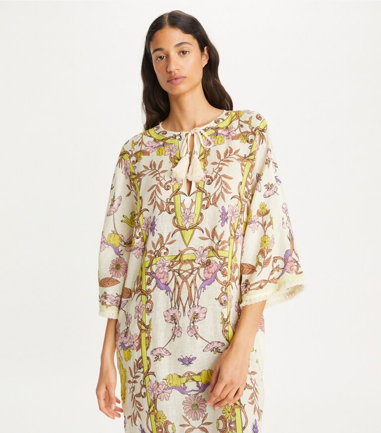 Tory Burch designer robes Caftan en gaze de lin imprimé dans Chartreuse Field Convo détail sur modèle