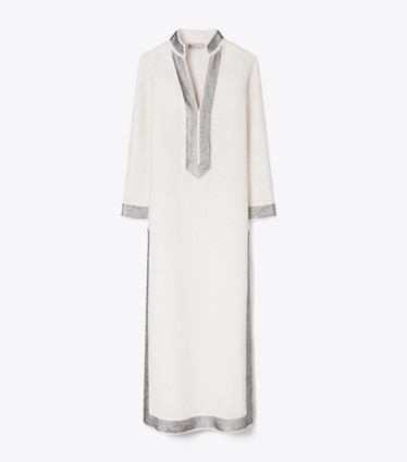 Tory Burch designer robes Caftan en lin ornementé in New Ivory front