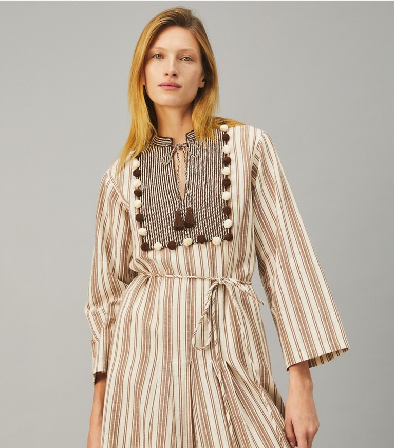 Tory Burch designer dresses Caftan with Sweater Tassels in NEW IVORY/FRENCH CREAM/CHOCOLATE COCOA front