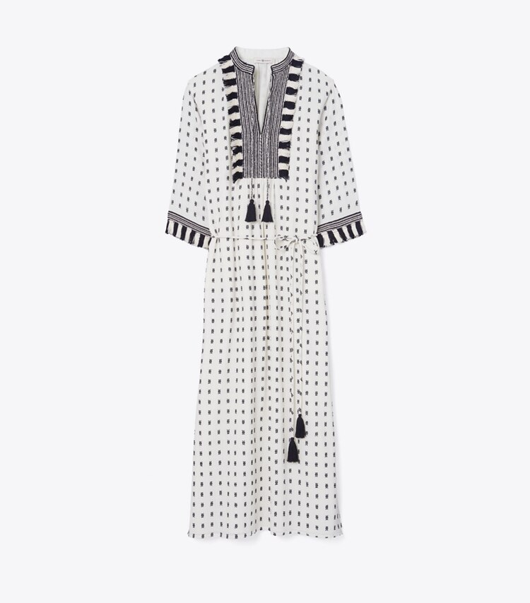 Tory Burch designer dresses Caftan with Sweater Tassels in WHITE / NAVY front