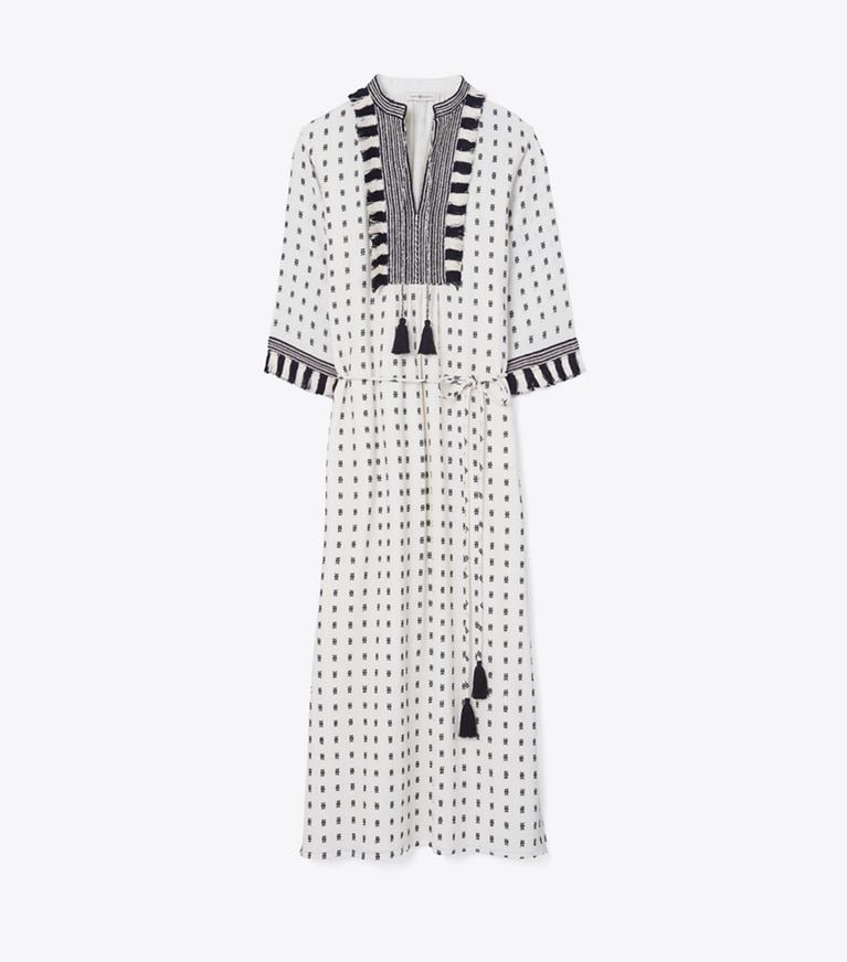 Tory Burch designer dresses Caftan with Sweater Tassels in WHITE / NAVY front
