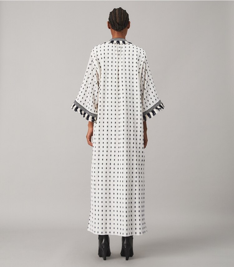 Tory Burch designer dresses Caftan with Sweater Tassels in WHITE / NAVY on model back