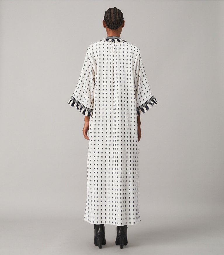 Tory Burch designer dresses Caftan with Sweater Tassels in WHITE / NAVY front