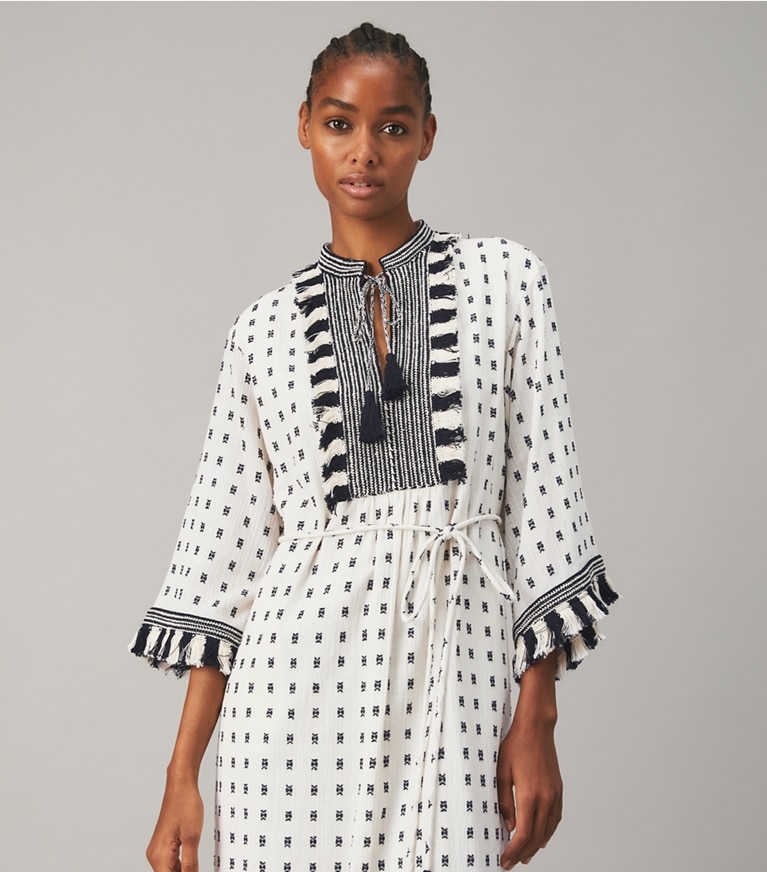 Tory Burch designer dresses Caftan with Sweater Tassels in WHITE / NAVY front