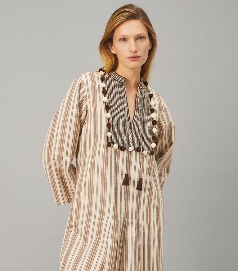 Tory Burch designer dresses Caftan with Sweater Tassels in NEW IVORY/FRENCH CREAM/CHOCOLATE COCOA front