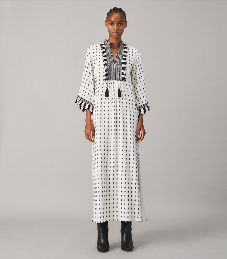 Tory Burch designer dresses Caftan with Sweater Tassels in WHITE / NAVY on model front