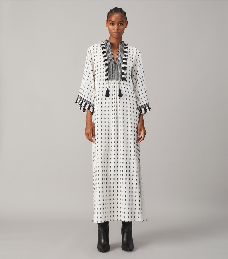 Tory Burch designer dresses Caftan with Sweater Tassels in WHITE / NAVY front