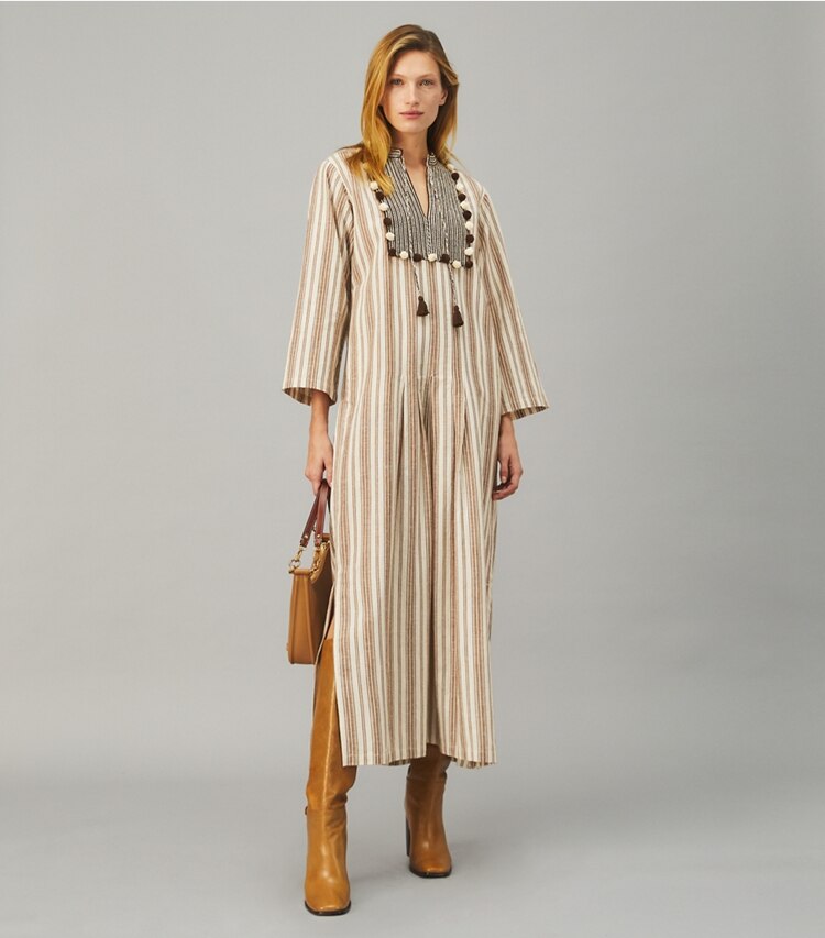 Tory Burch designer dresses Caftan with Sweater Tassels in NEW IVORY/FRENCH CREAM/CHOCOLATE COCOA on model front