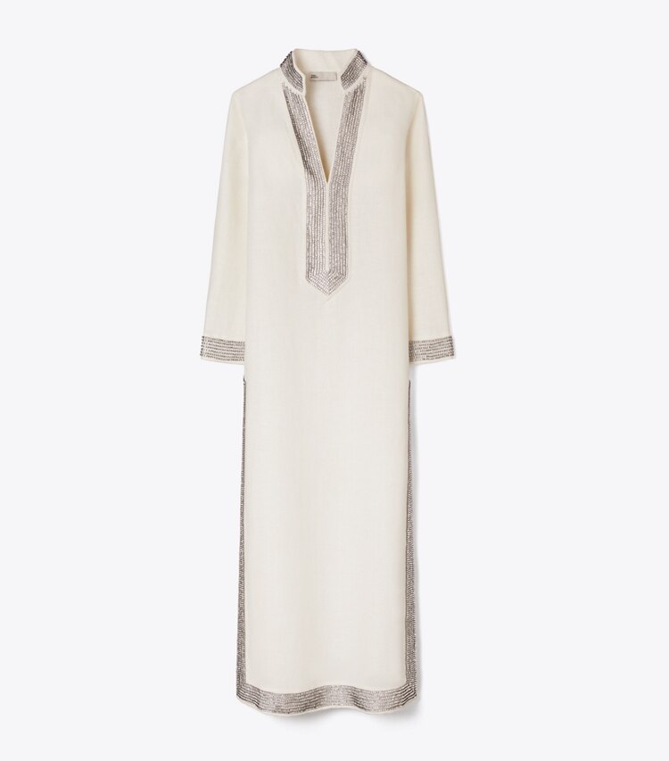 Tory Burch designer abiti Caftano in lino decorato in New Ivory front