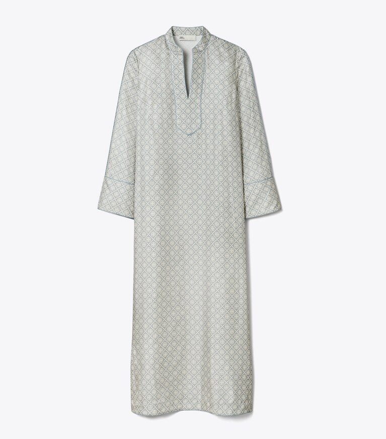 Tory Burch designer abiti Caftano in seta stampata T Monogram in Gray T Monogram Mini front