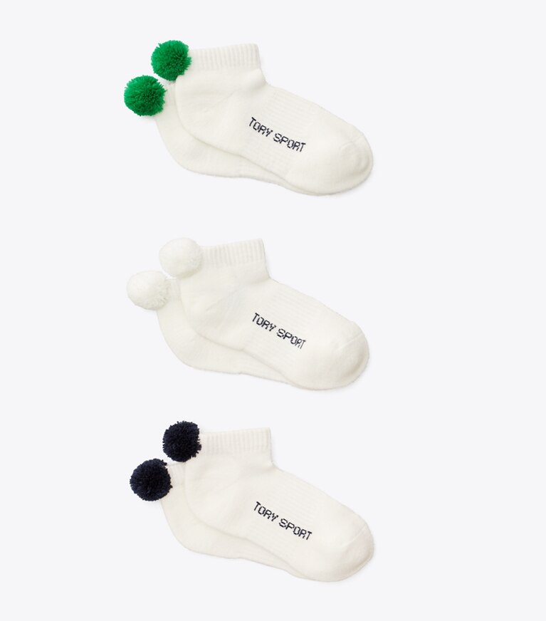 Tory Burch diseñador calcetines Calcetines de compresión de alto rendimiento con pompones, paquete de 3 en Snow White / Tory Navy / Vineyard frente