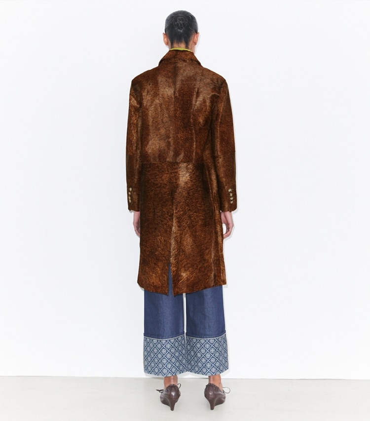Tory Burch designer coats Calf Hair Coat in Cinnamon on model back