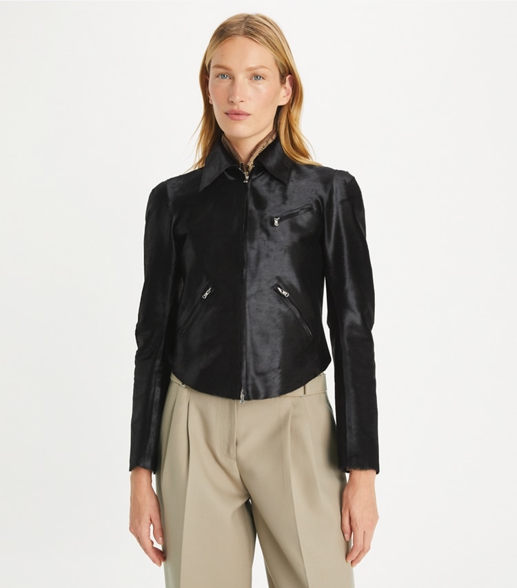 Tory Burch designer jackets Calf Hair Jacket in Black on model detail