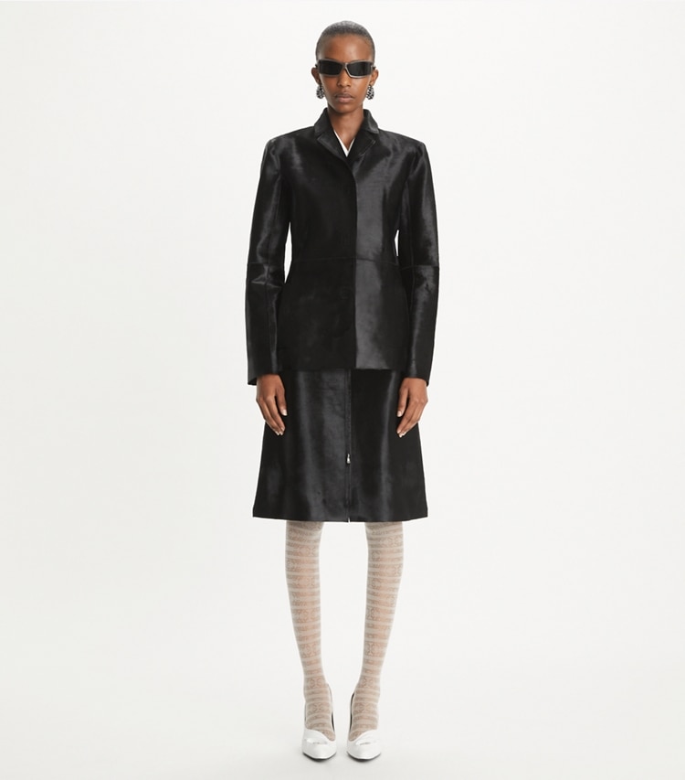 Tory Burch designer jackets Calf Hair Jacket in Black on model front
