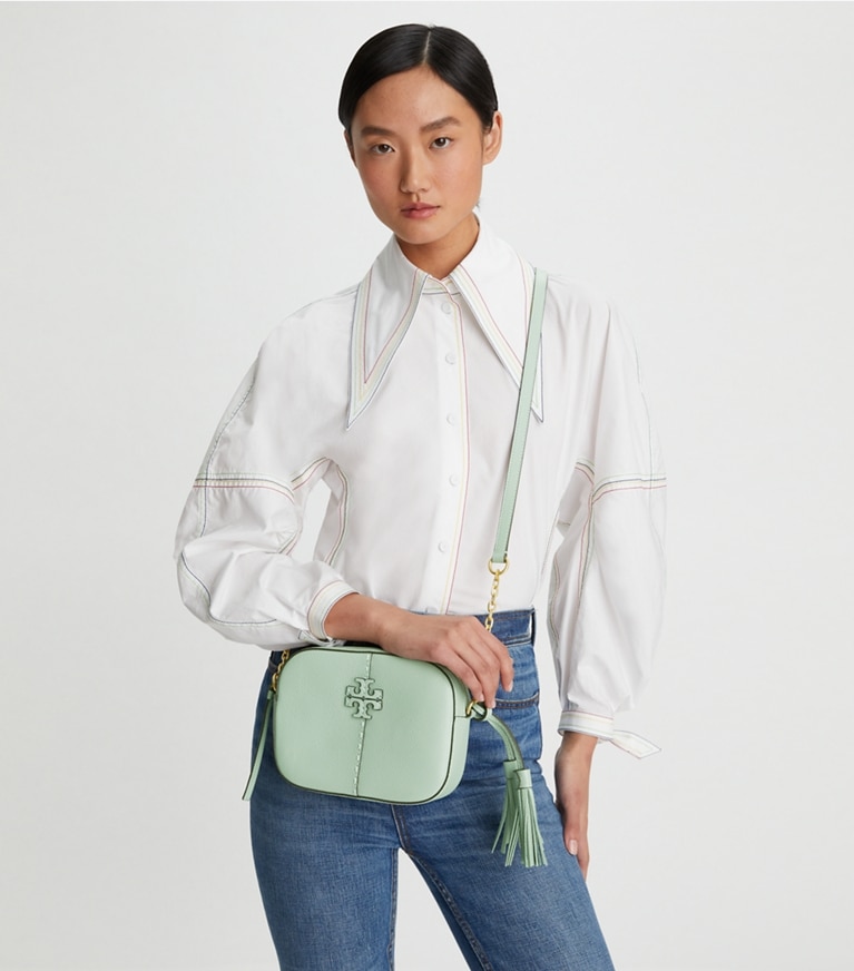 Tory Burch designer borse a spalla Camera bag McGraw in Blue Celadon angle