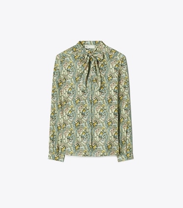 Tory Burch designer tops Camicetta con fiocco in seta in Blue Dream Paisley front