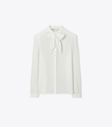 Tory Burch designer tops Camicetta in georgette con fiocco in Marshmallow front
