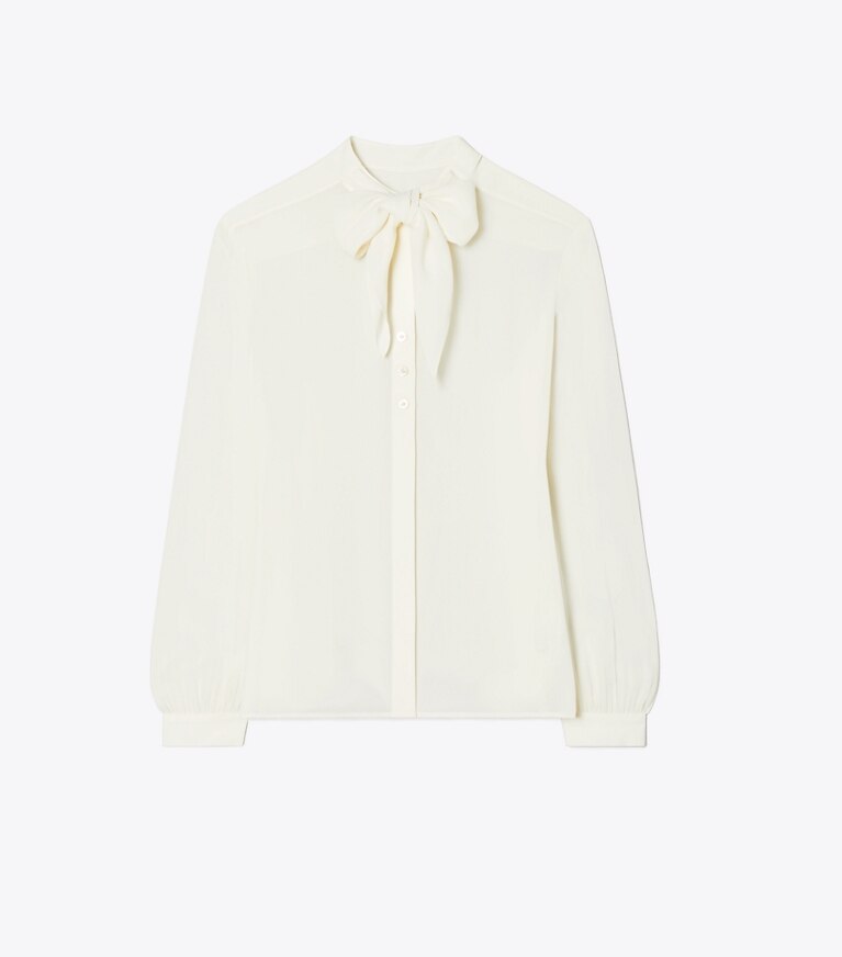Tory Burch designer tops Camicetta in georgette con fiocco in New Ivory front