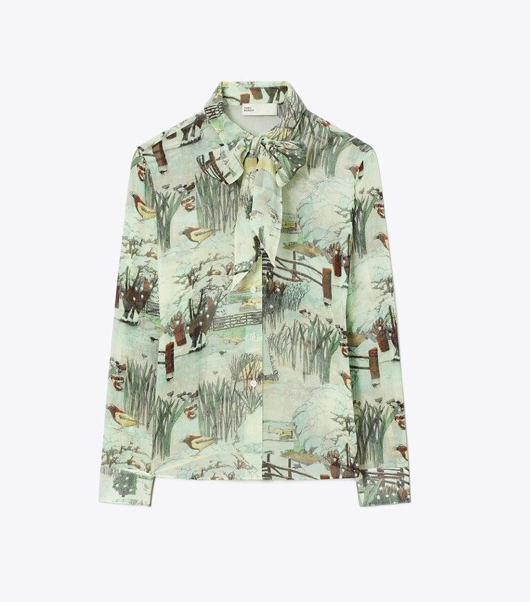 Tory Burch designer tops Camicetta stampata in chiffon con fiocco in Yellow Forest front