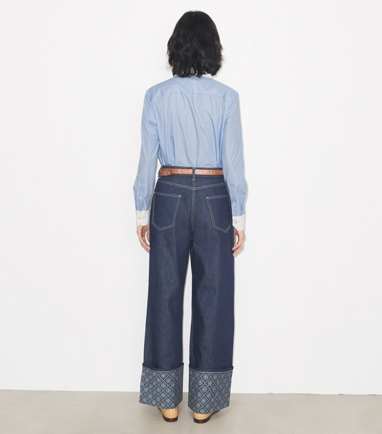 Tory Burch designer tops Camicia a righe button-down in Blue Stripe on model back