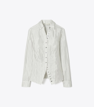 Tory Burch designer tops Camicia avvitata in White/Gray/Black Helios Striped Lining front
