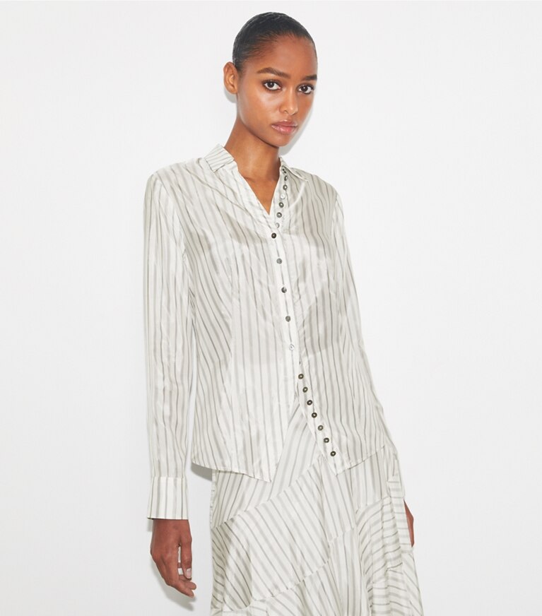 Tory Burch designer tops Camicia avvitata in White/Gray/Black Helios Striped Lining front