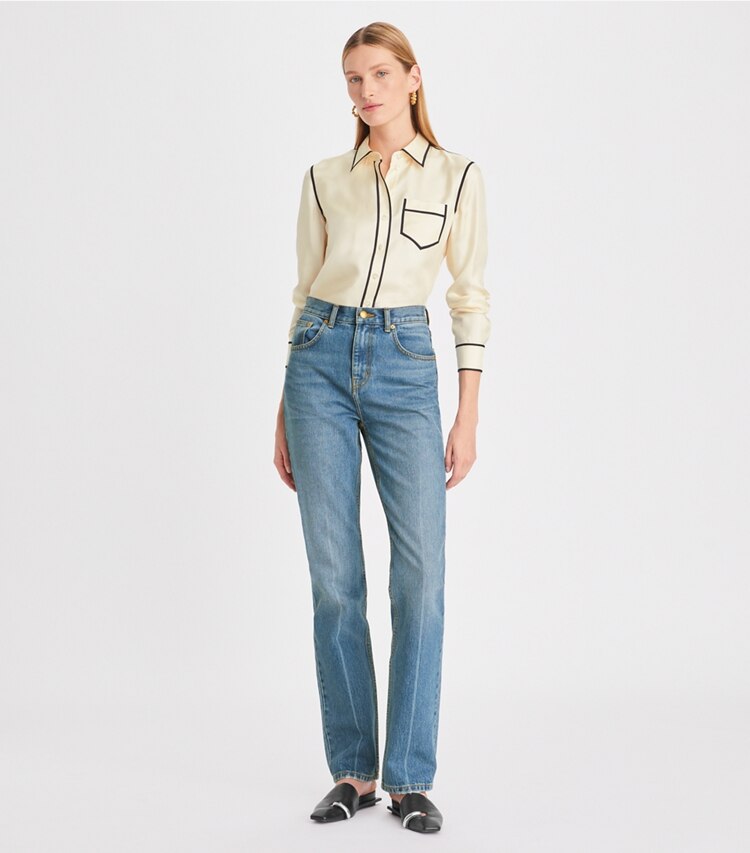 Tory Burch designer tops Camicia Brigitte in twill di seta in New Ivory parte anteriore su modella