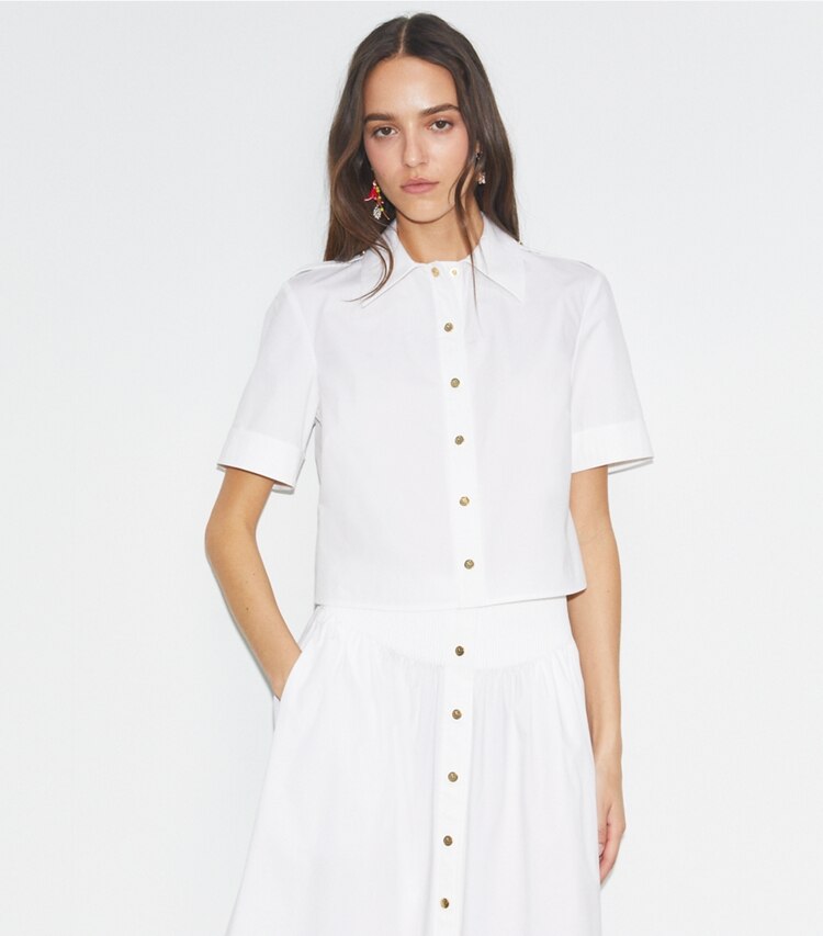 Tory Burch designer tops Camicia Camp in popeline in White on model detail